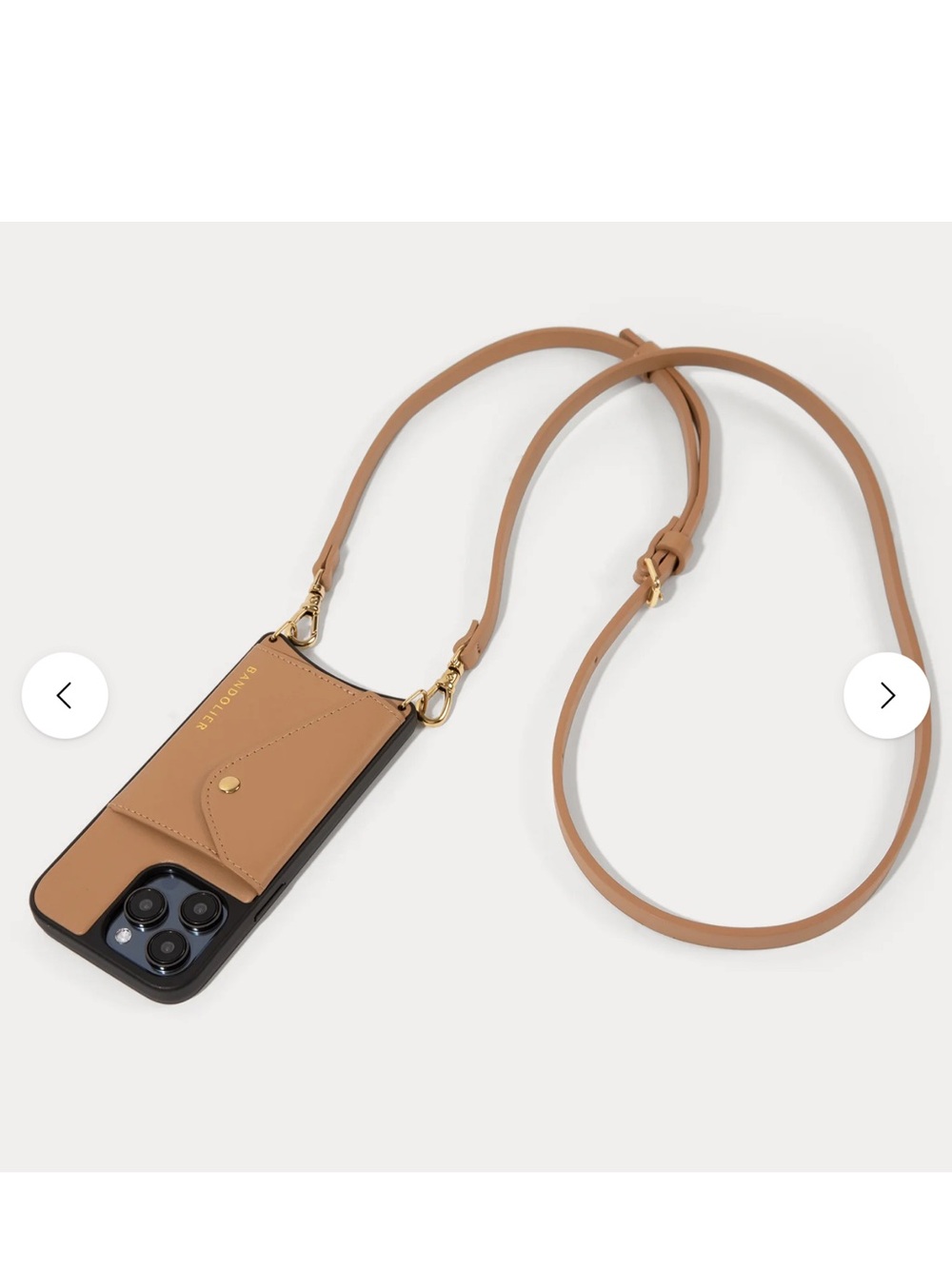 Bandolier Tan Crossbody IPhone 15 ProMax Leather case with snap 2 Card Pocket